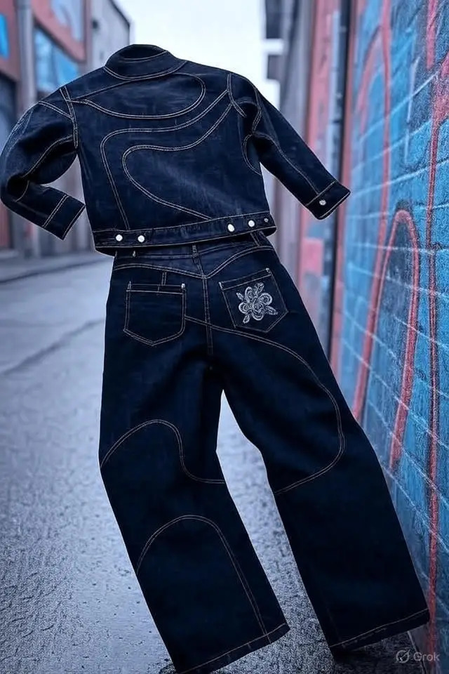 Vintage Y2K Streetwear Wavy Stitched Denim Set Mens Black Jacket Baggy Jeans Two Piece ed Pocket n 250822