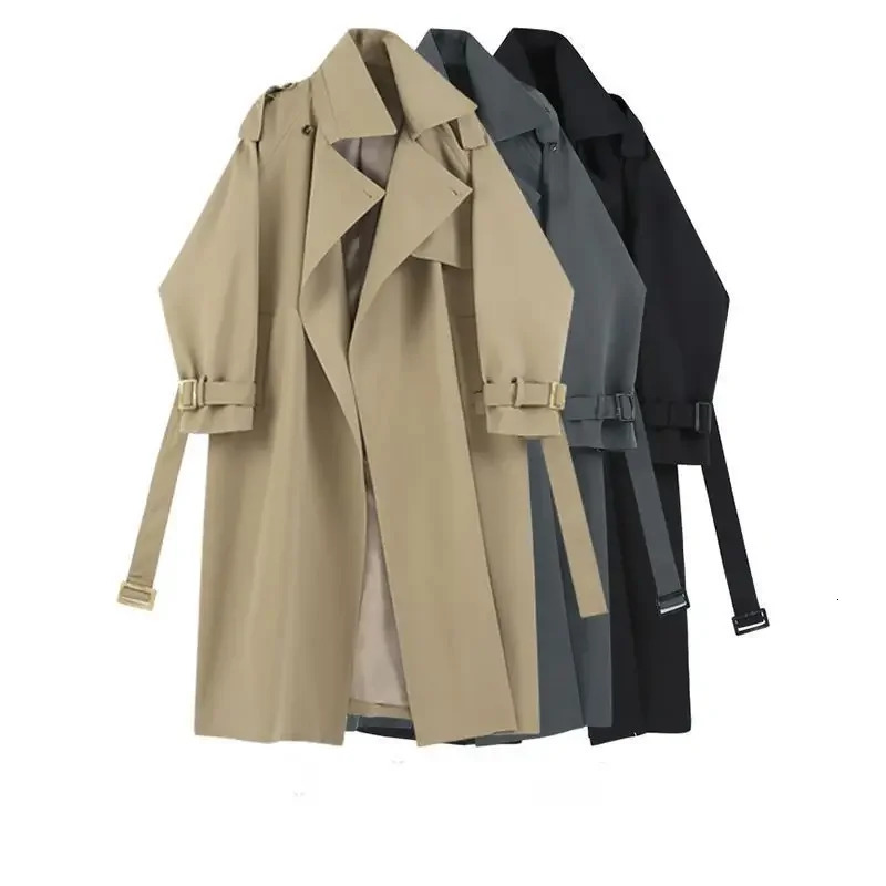 Fashion Trench Jackets Long Pattern Female Solid Color Coat Classic Lapel Sleeve with Belt Spring Autumn Casual Street Wear 250822