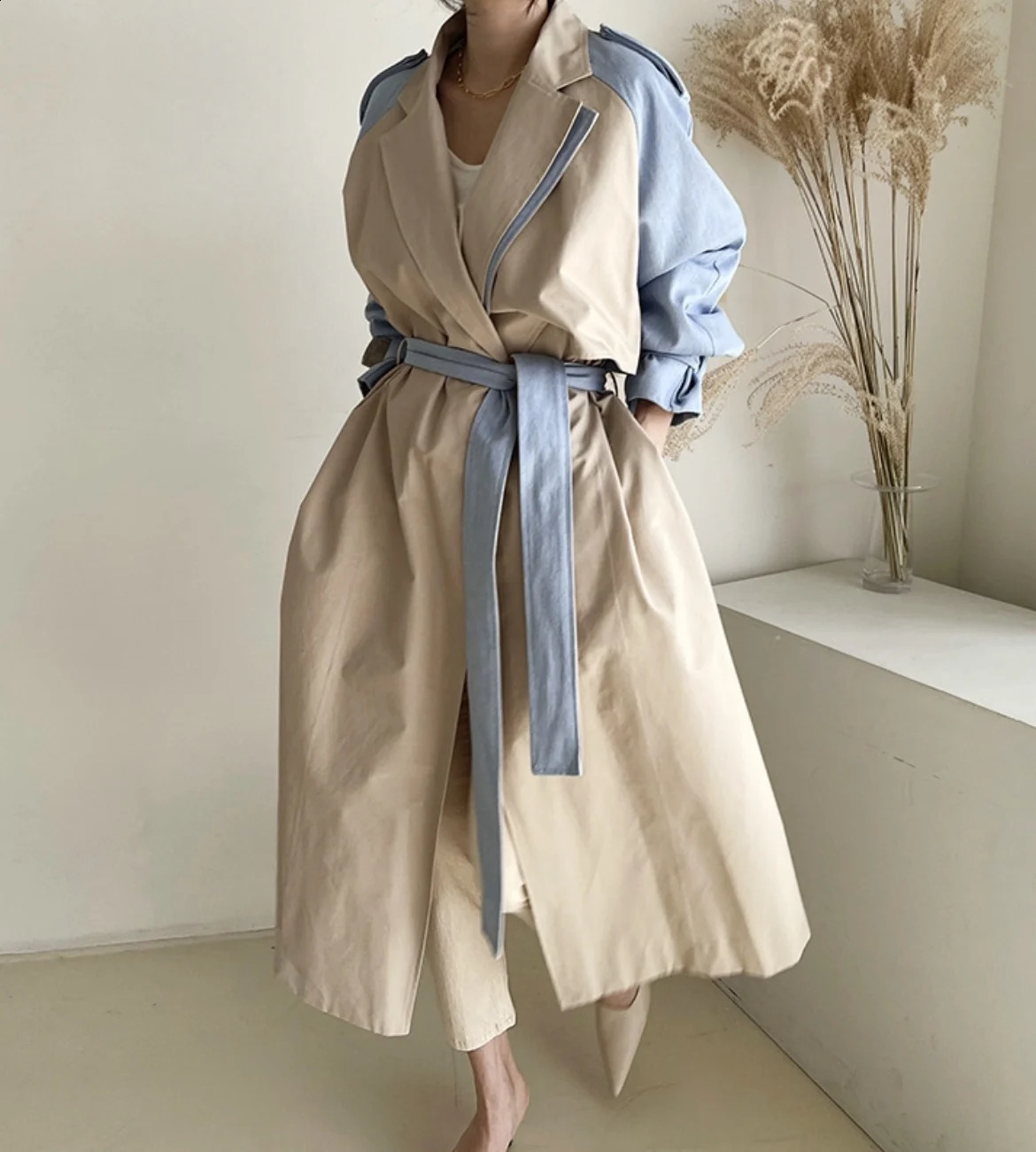 Superaen French Patchwork Fashion Long Windbreaker Veste de baisse du collier Full un trench à ceinture de ligne pour les femmes 250819