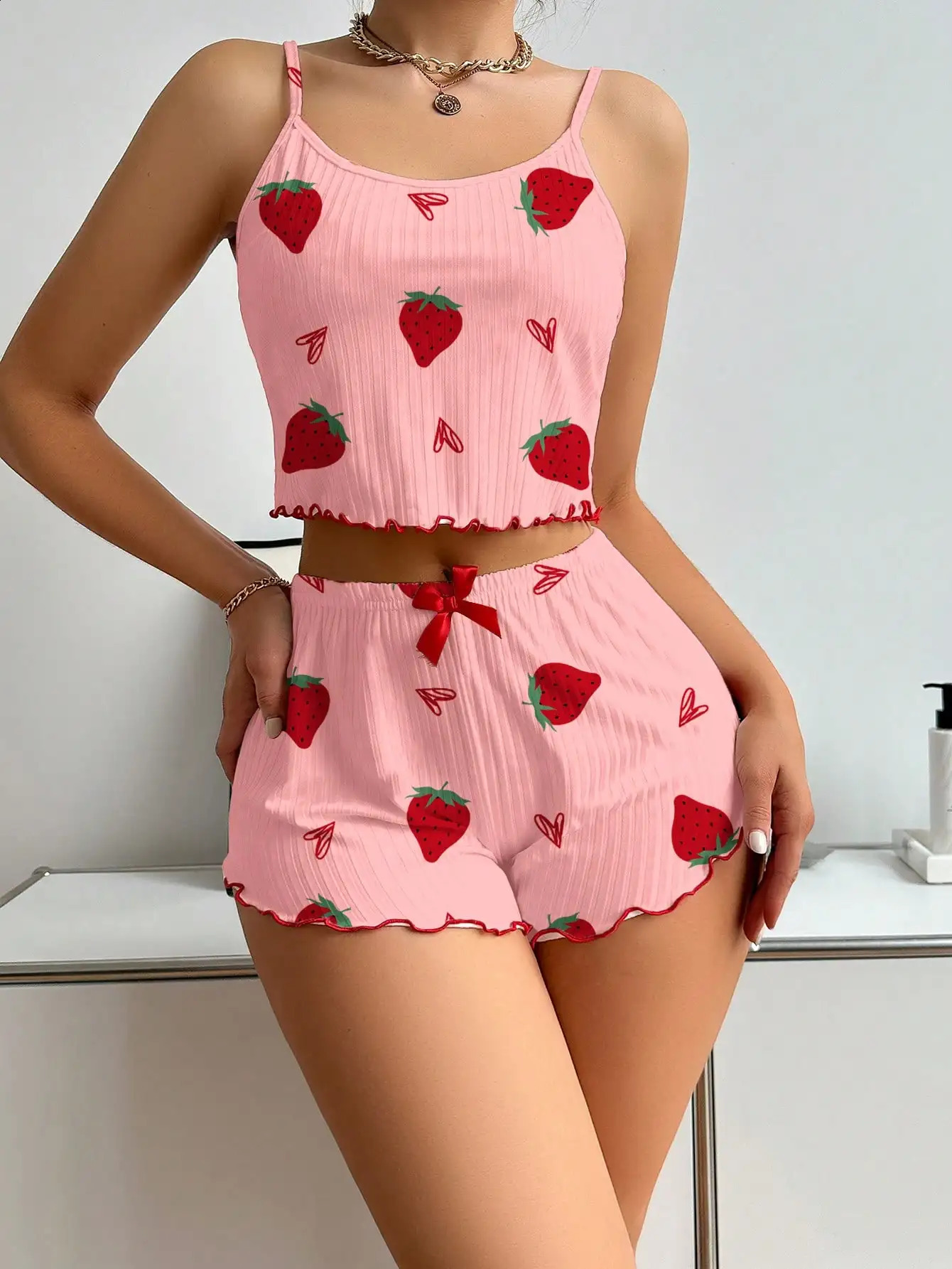 Womens Strawberry Print Ribbed Knit Ice Silk Camisole Pajama Set Comfortable Two-Piece Sleepwear for Summer250821