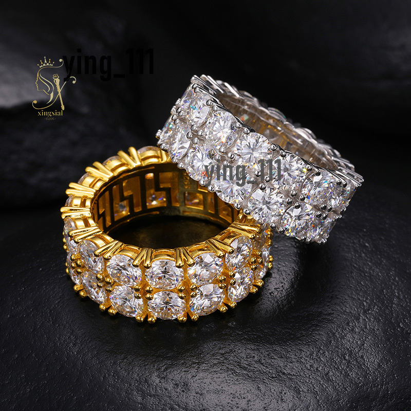 Xingsial Pass Diamond Tester Luxury 2 Rows 5MM Moissanite Ring VVS D Color Diamond Ring 925 Sterling Silver Hip Hop Wedding Ring