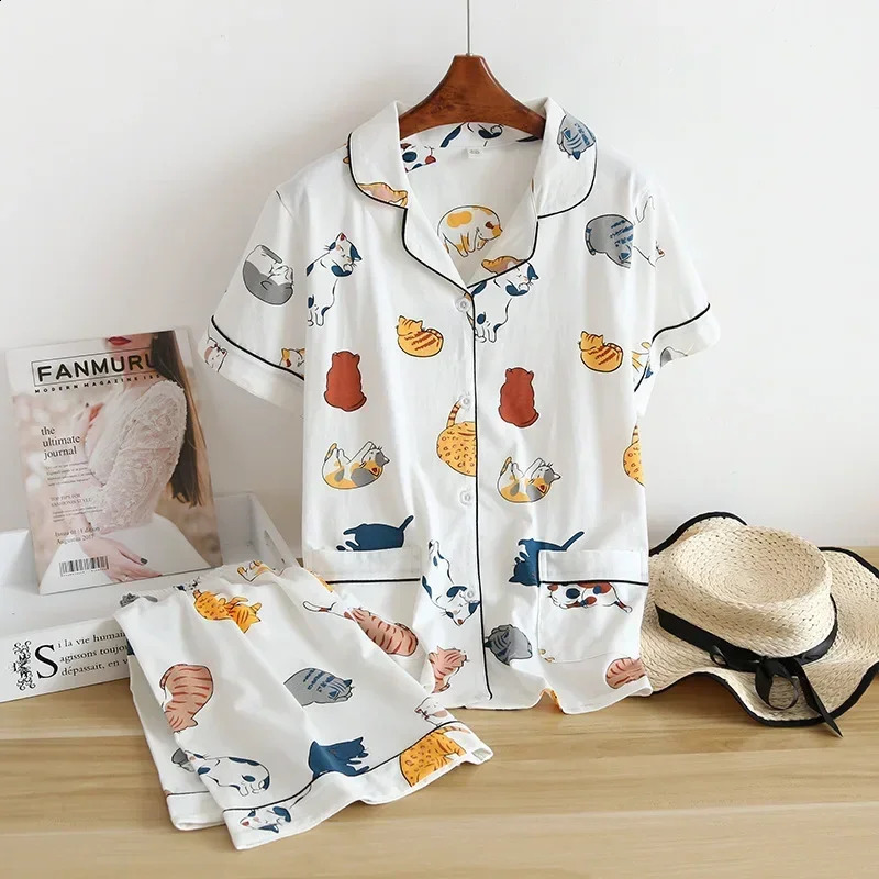 100% cotton short-sleeved shorts ladies pajamas set cute cartoon pajamas Japanese simple short pajamas women sleepwear250821