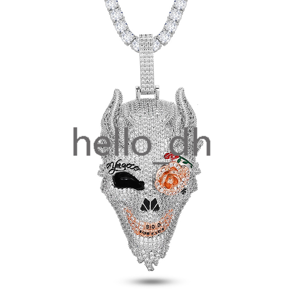 Hip Hop Full Pave Shiny moissanite Diamond Skull Head Pendant Iced Out Jewelry White Gold Plated Rose Flower Eye Ghost Face Pendant