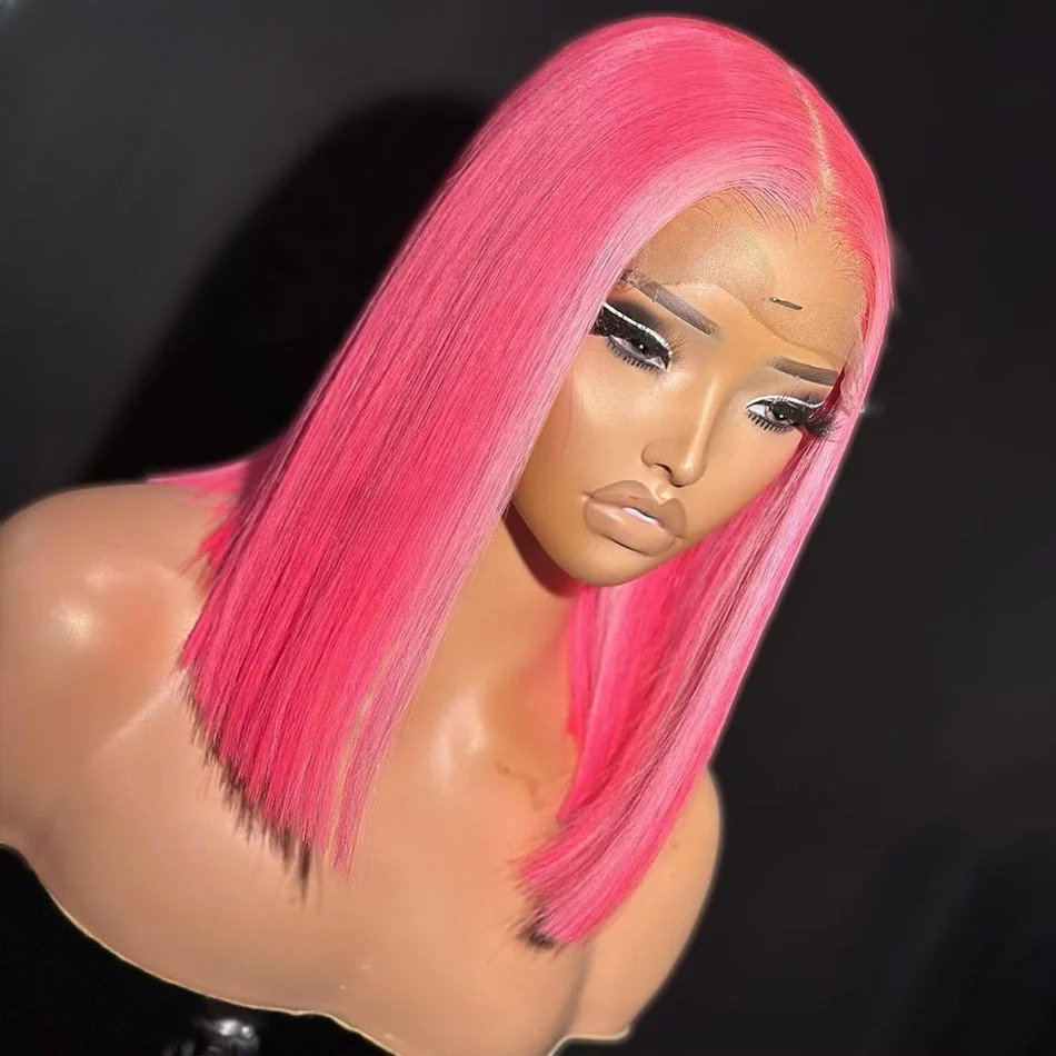 Couleur rose Bob court bob raide perruques de cheveux humains Transparent 13x4 en dentelle Bob frontal Bob pour femmes 613 usure colorée et go sy