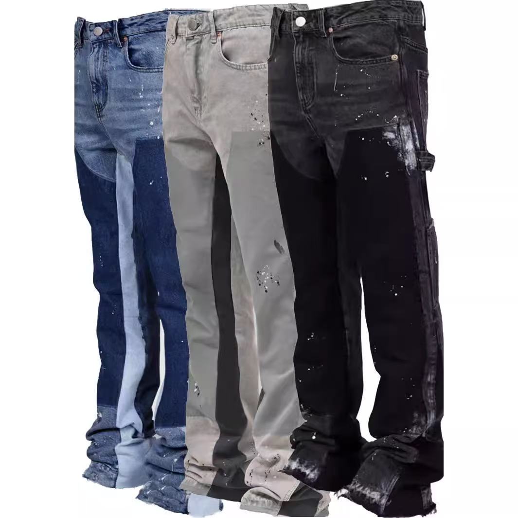 Jeans CHAUDS Jeans pour hommes Pantalons de travail en denim pour hommes Pantalons évasés empilés en denim avec patch extensible à la mode