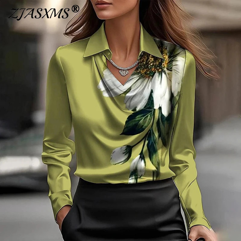 Élégant collier de remin-down imprimé office dames top pullorver printemps manches longues choux satin mode décontractée creux de chemises250821
