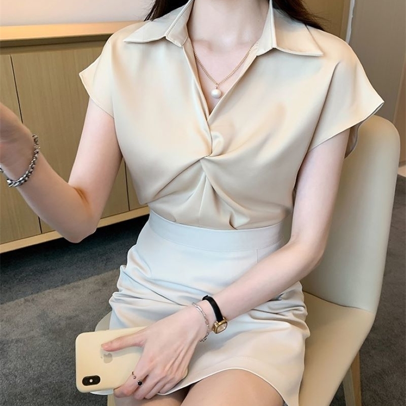 Womens Satin Blouse 2025 Summer V-neck Short-sleeved Solid Color Blouse Fashion Niche top Elegant Ladies Short Shirt250821