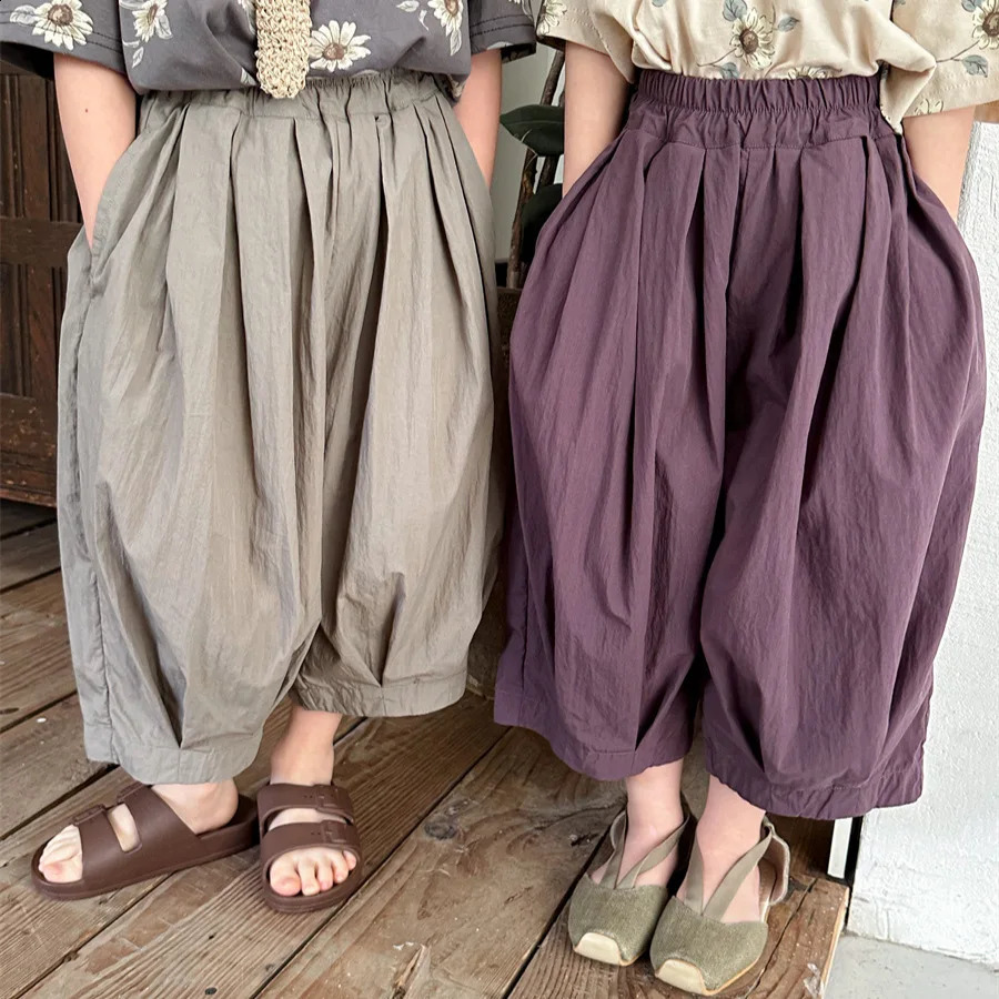 5774 Children Pants 2025 Summer Solid Color Loose Cropped Pants for Boys and Girls Baby Bloomers Wide-leg Pants.250821