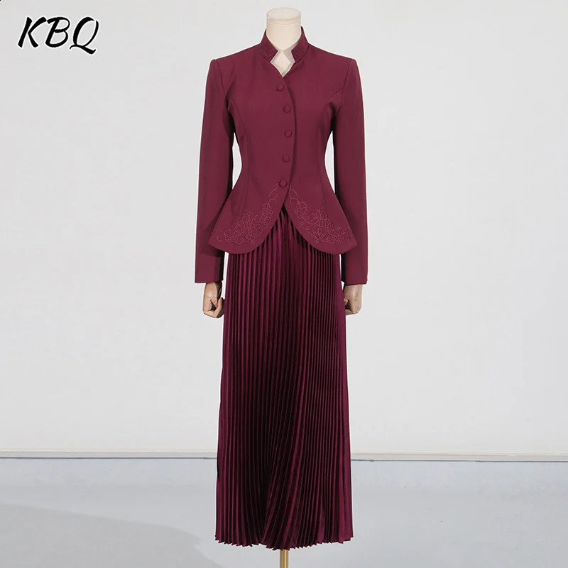 KBQ Solid Elegant Two Piece Set For Women Stand Collar Long Sleeve Spliced Buttons Coats High Waist A Line Skirt Set Female 250822