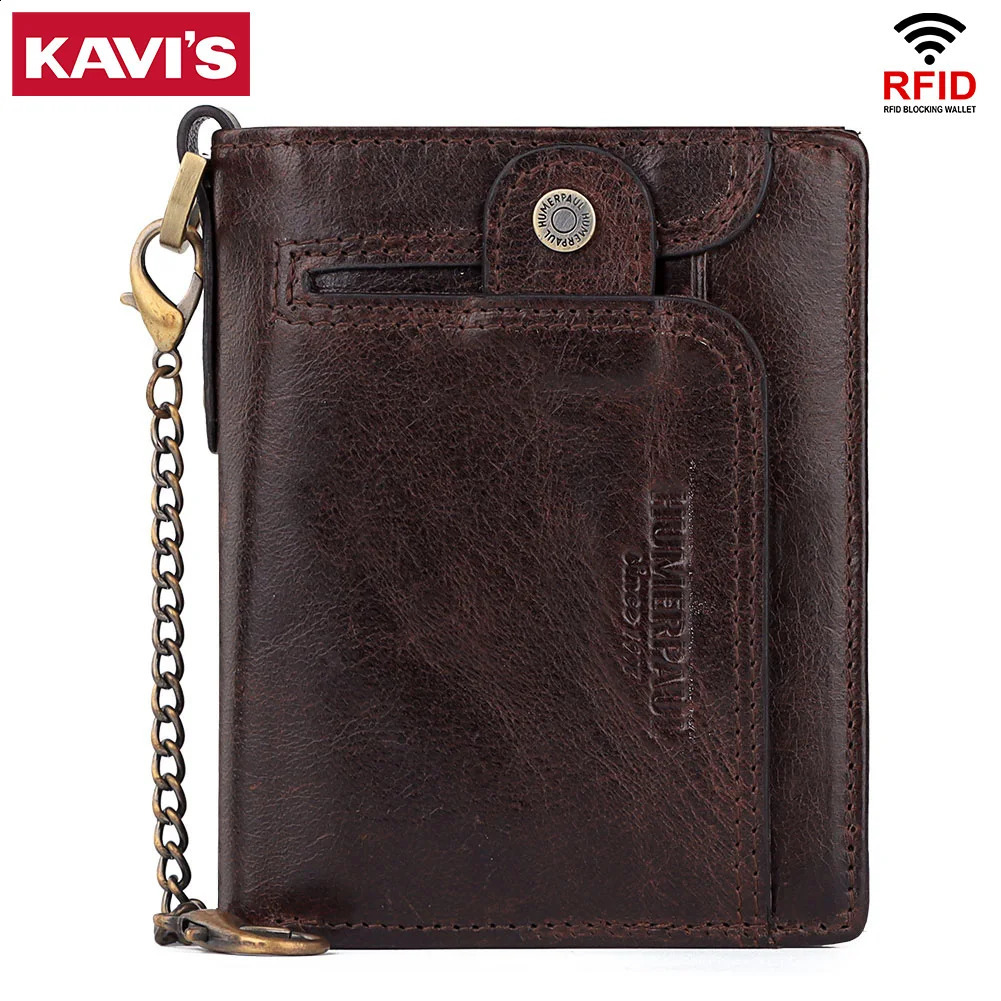Real Leather Wallet for Men RFID Blocking Credit Card Holder Purse Male Short Bifold Zipper Coin Pocket with Anti-Theft Chain 250814