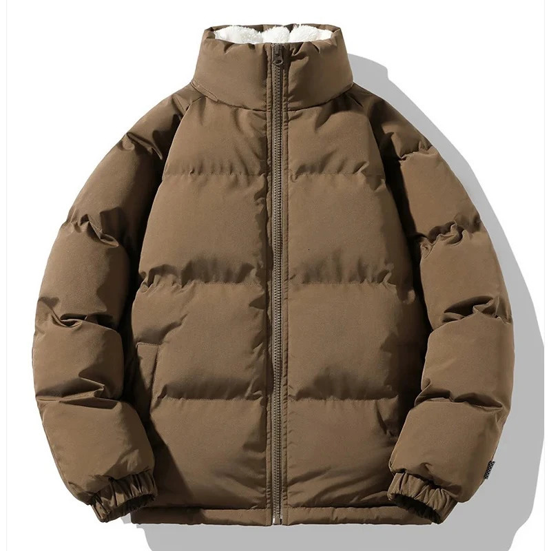 Men Puffer Jacket Thick Warm Winter Parka Fleece Linded Coat Male Solid Color Stand Collar Casual Mens Coats Outwear 250822