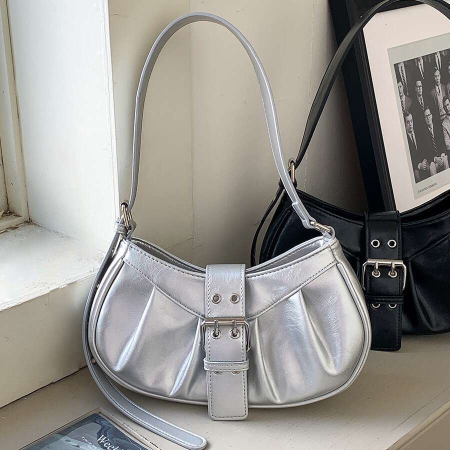 Sac sous arme argenté Femmes avec design ruché, sac à bandoulière unique de style français, couleur solide à la mode haut de gamme pour filles B5