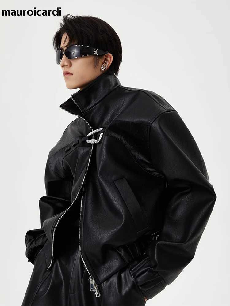 Mauroicardi Spring Autumn Short Black Oversized Shiny Reflective Patent Leather Jacket Men Zip Up Designer Y2K Clothing Fashion X250822