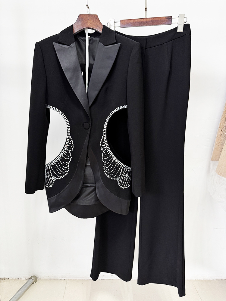 802 XXL 2025 Milan Style Autumn Brand Same Style Two Pieces Sets Black Long Pants Lapel Neck Empire Long Sleeve Dress oulaidi