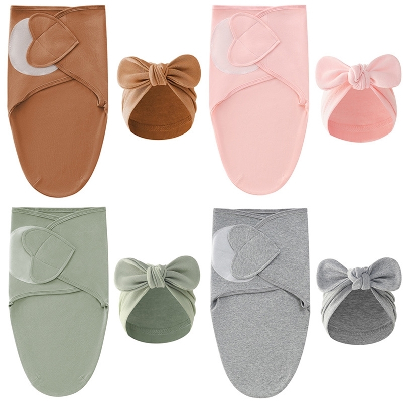 Love Heart Bows Hat Set Cotton born Swaddle Solid Color Infant Sleeping Swaddle Wraps for All Seasons 0-24M250821ww