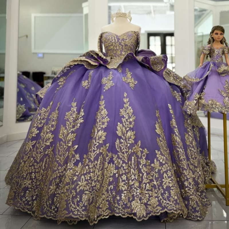 Princesse brillante violette légère au large de l'épaule Sweet 16 robe quinceanera robes en dentelle applique en or