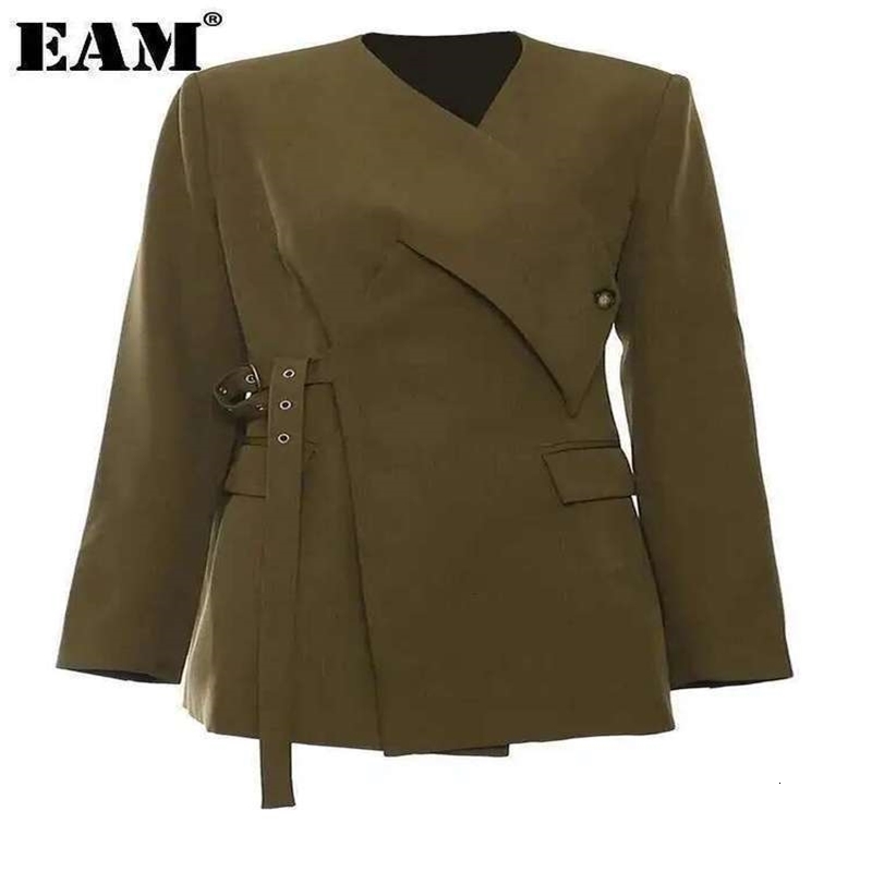 EAM Women Green Corss Bandage Pocket Elegant Blazer Vneck Long Sleeve Jacket Fashion Spring Autumn 1DH7482 250821