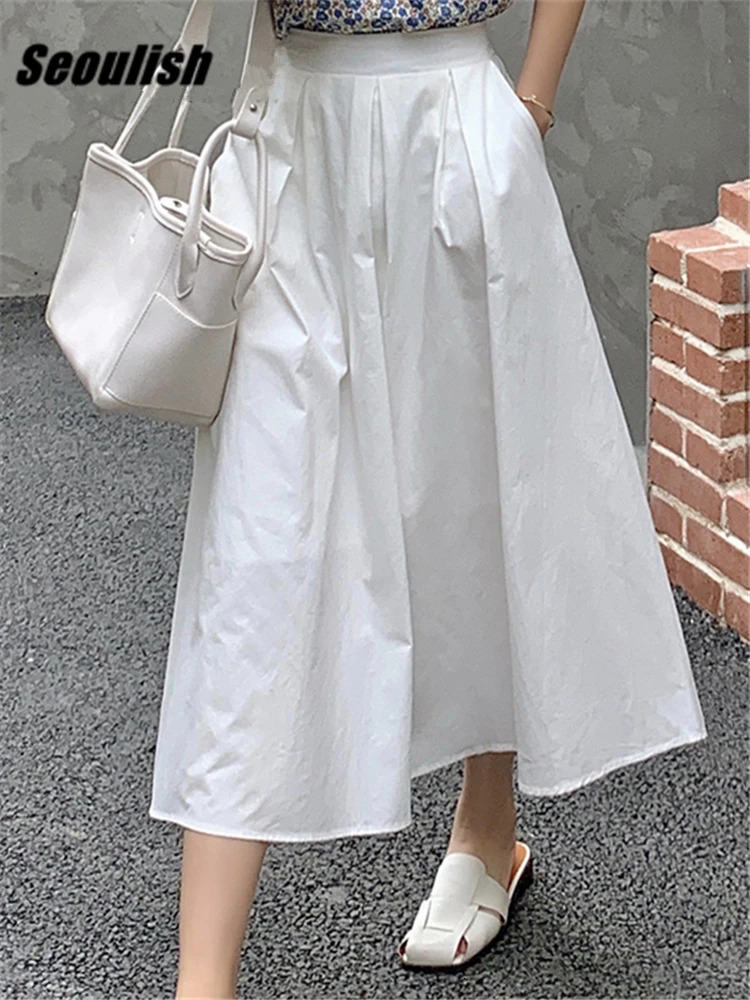 Seoulish Spring Pockets Elegant Womens Midi Skirts Solid Female High Waist ALine Umbrella Casual Korean White 250822