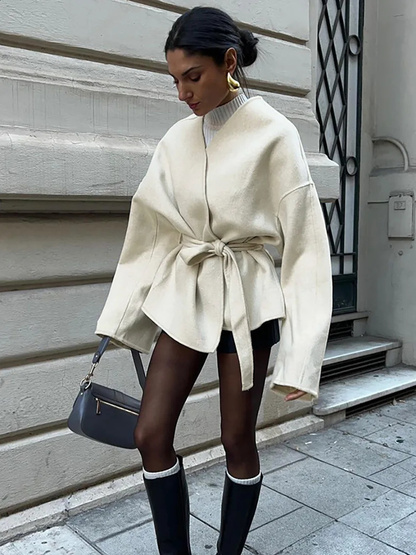 Fashion Solid Lace Up Coat For Women Elegant V-neck Long Sleeve Jacket 2024 Autumn Winter Lady Street Outerwear Clothes250821