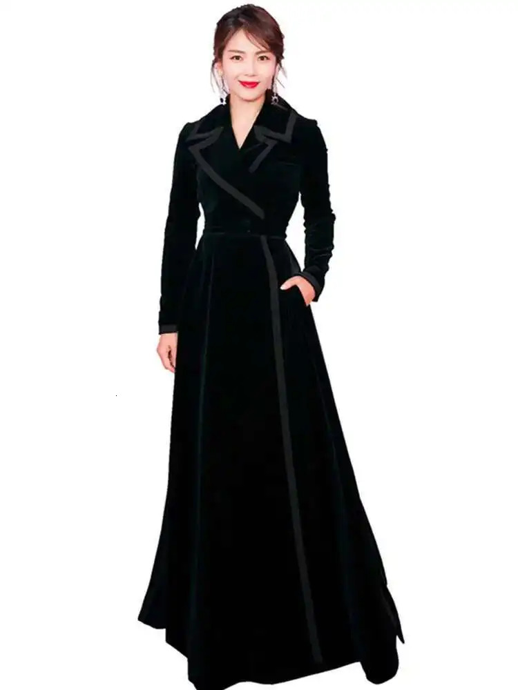 JAMERARY Winter Runway Velvet Maxi Coat Women Vintage Notched Collar Wrap Black Thick Warm Long Trench Outwear 250822