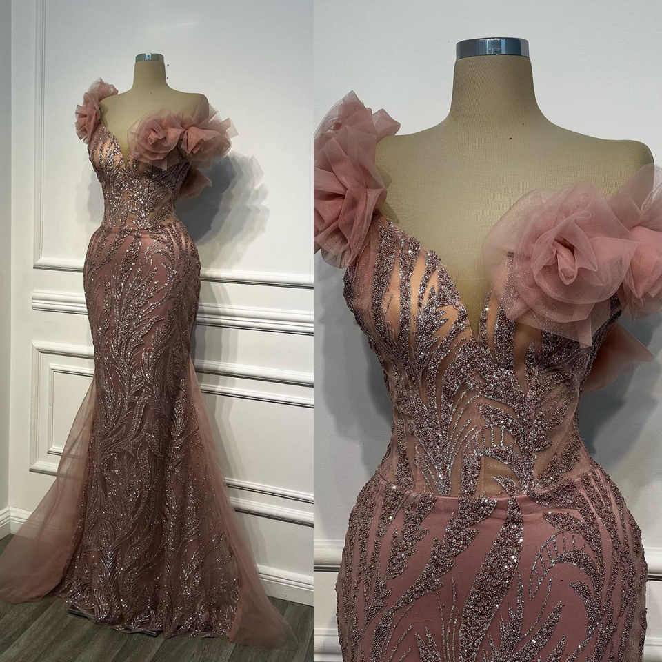 Robe de fête d'anniversaire rose longue robe de cocktail perlé de l'épaule tulle