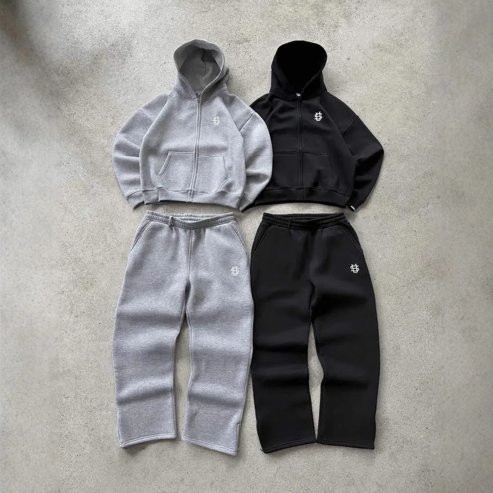 Harajuku ed zip gray hoodies tracksuit men sweatshirt sweatpants twopiece set jacket y2k streetwear mens clothes 250822