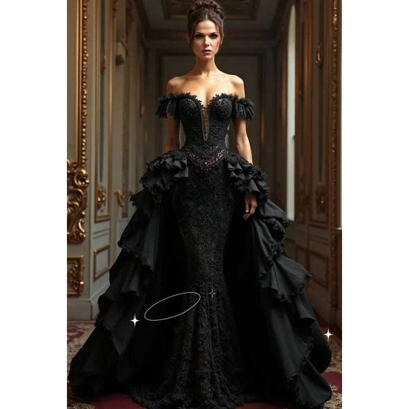 Gothic Black Lace Prom Dresses With Detachable Skirt Ruffles Off Shoulder Elegant Vintage Occasion Evening Gown Custom Made Color/Size