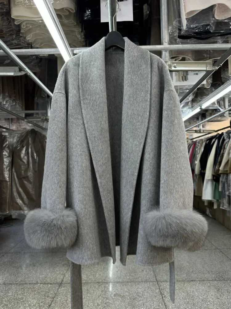 Natural Fox Fur Thick Double-sided Wool Coat Female Short Autumn Winter Loose Lace-up Woolen Coats Women Fashion Overcoats250821