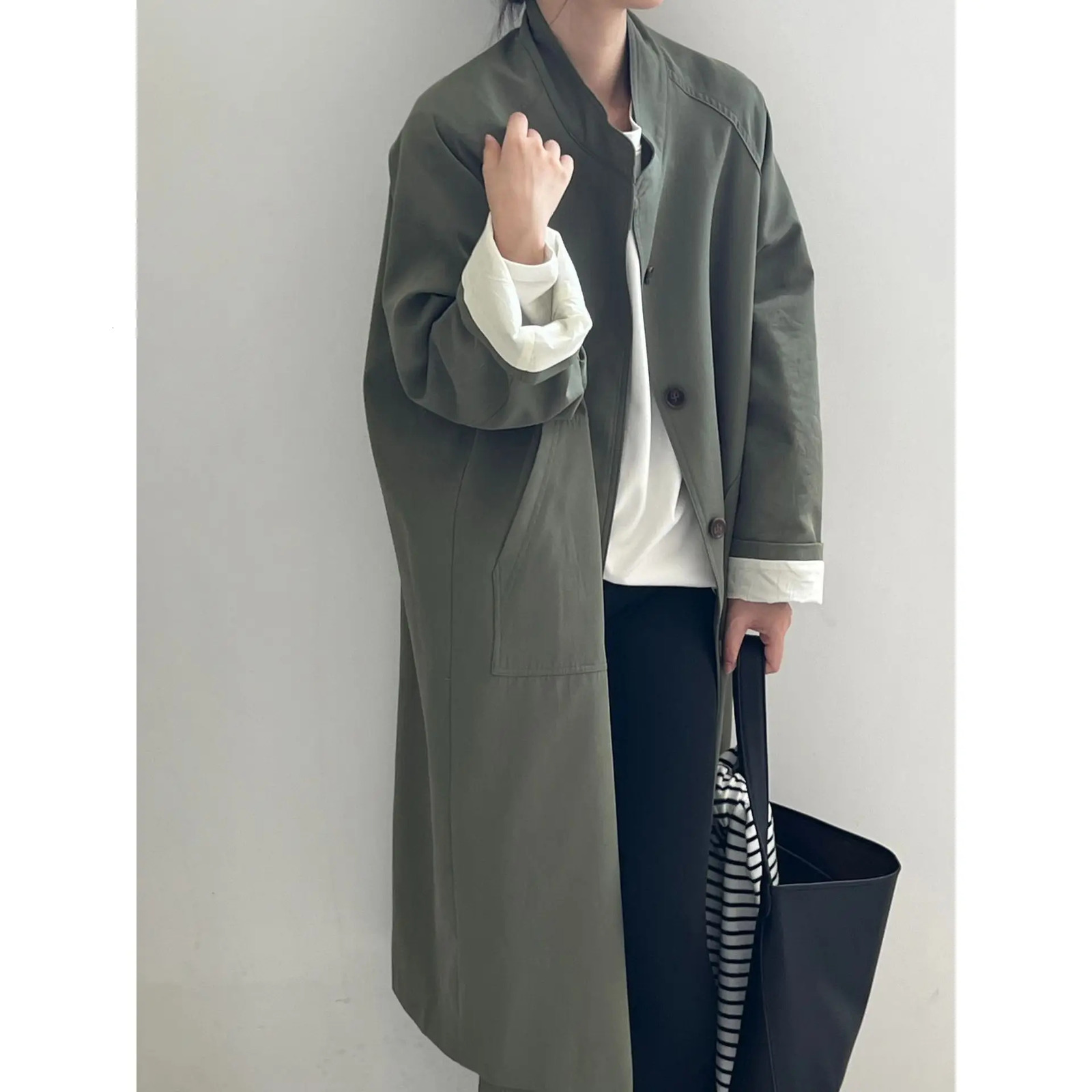 Stand Neck Long Trench Coat Femmes Printemps Colliers décontractés Collier Single Breasted 250822