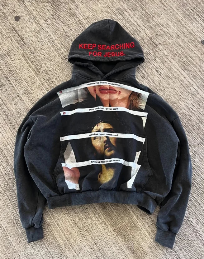 Street trend retro character prints for men and women casual loose retro versatile couple hooded sweatshirt hip-hop rap 90s 250819