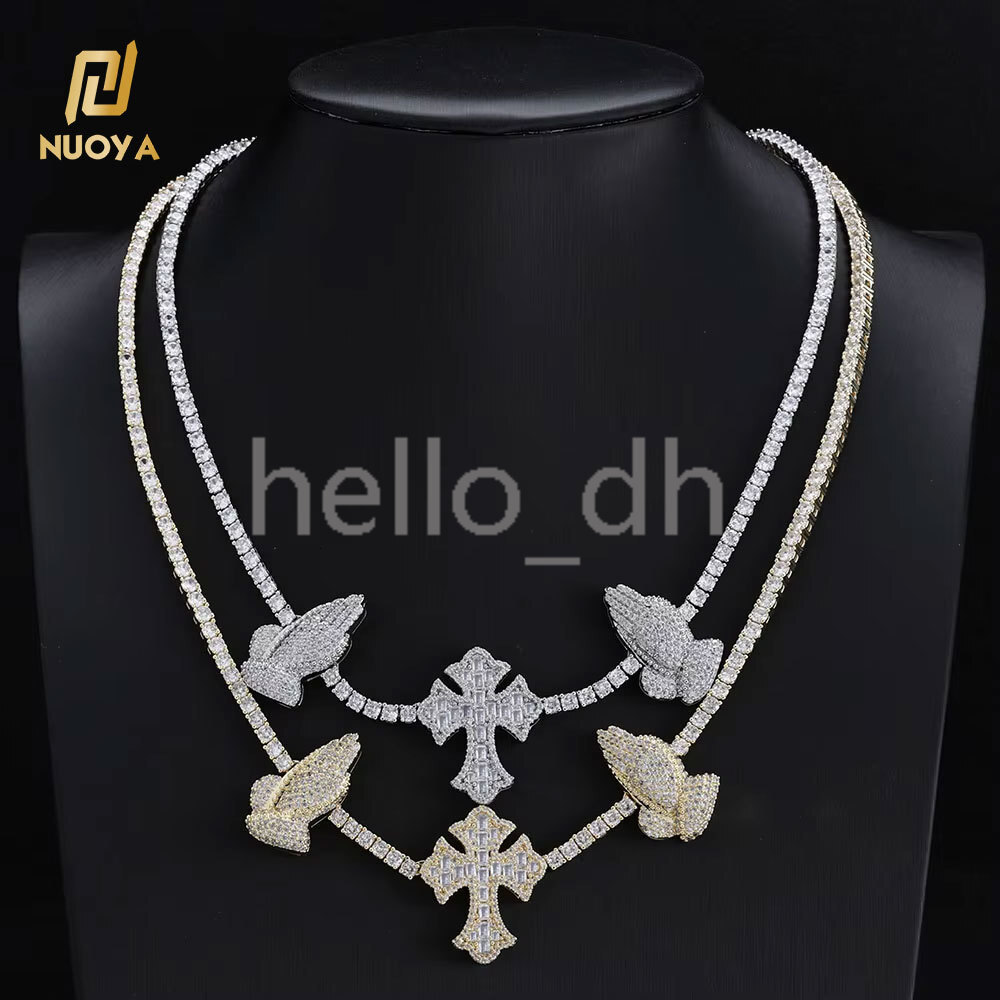 Hip Hop Jewelry Gold Silver Full moissanite Diamond Prayer Hand Tennis Chain Iced Out Baguette Diamond Cross Pendant Necklace