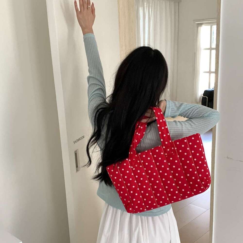 Red Polka Dot Single Shoulder Korean Ins Niche Tote Bag Large Capacity Stitching Trendy Casual Handbag For Women B5