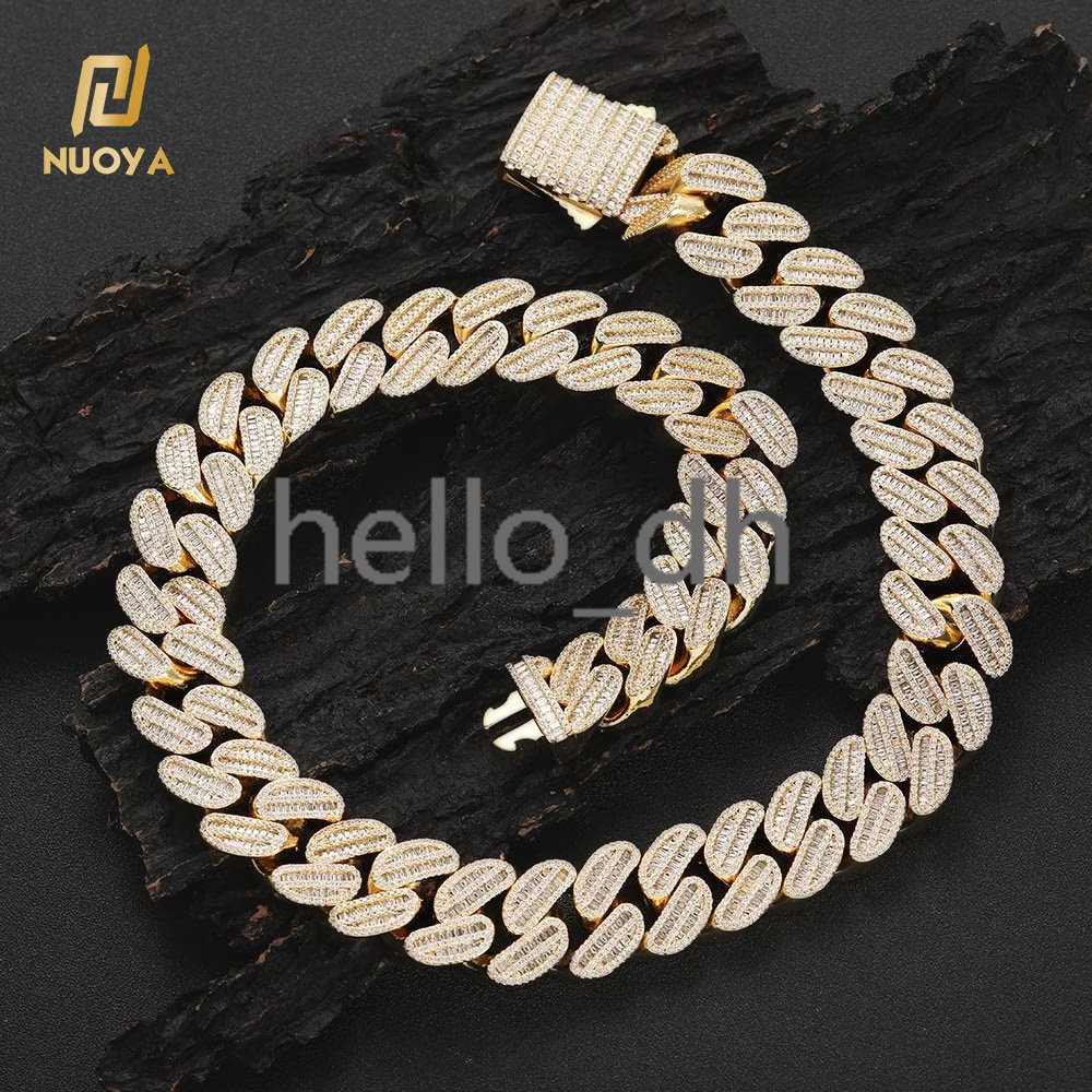 20mm Wide Baguette Bling Diamond moissanite moissaniteia Necklace Gold Plated Cuban Link Chain Hip Hop Style Silver Curb Bracelet Gift