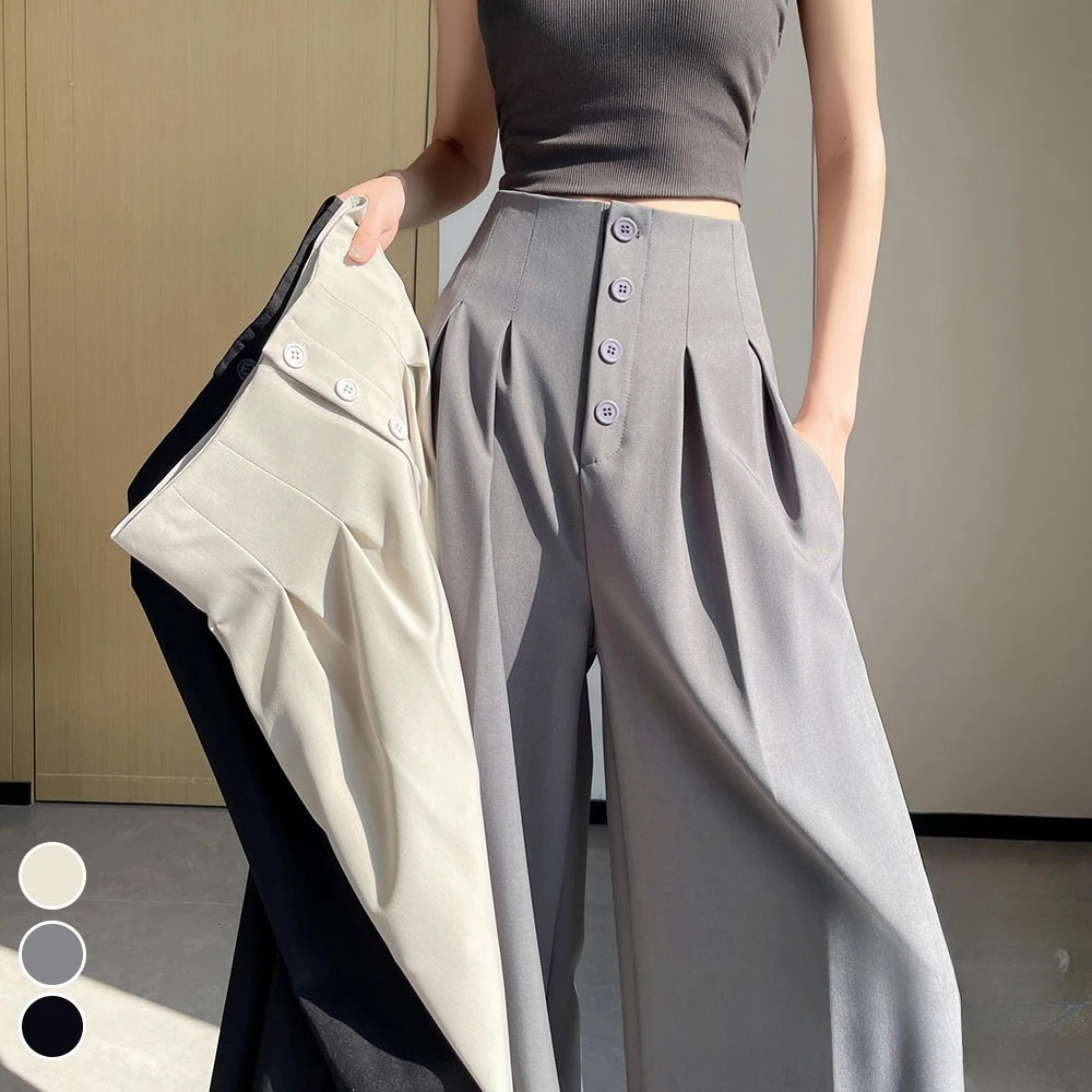 Pantalon complet de la taille haute et pantalon à pantalons larges de la jambe à l'échelle du printemps femelle blanche élégante pantalon de bure