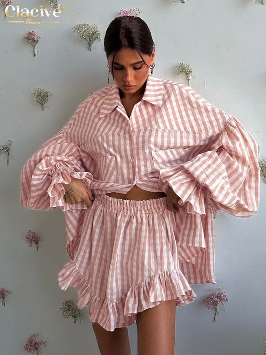 Clacive Fashion Loose Stripe 2 Piece Sets Women Outfit 2025 Elegant Long Sleeve Shirt With High Waist Ruffle Shorts Set Female250821