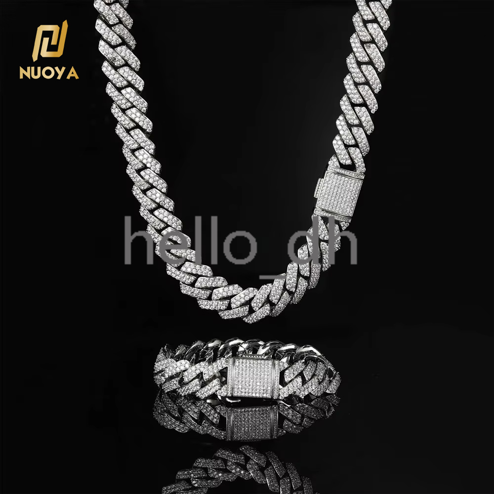 15MM Stock Wholesale Hip Hop Choker White Gold Plated Iced Out Diamond Silver Chain Cuban Necklace