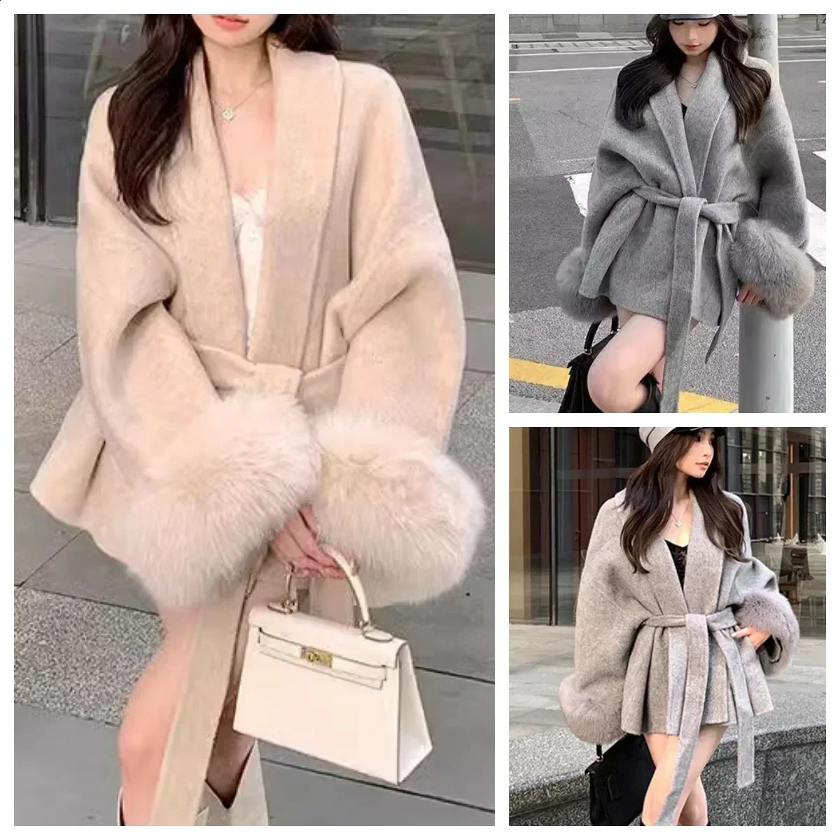 Elegant Ffice Womens Coat Fur Patchwork Long-sleeved Wool Coat Beautiful Womens Clothing Jacket Autumn And Winter250821
