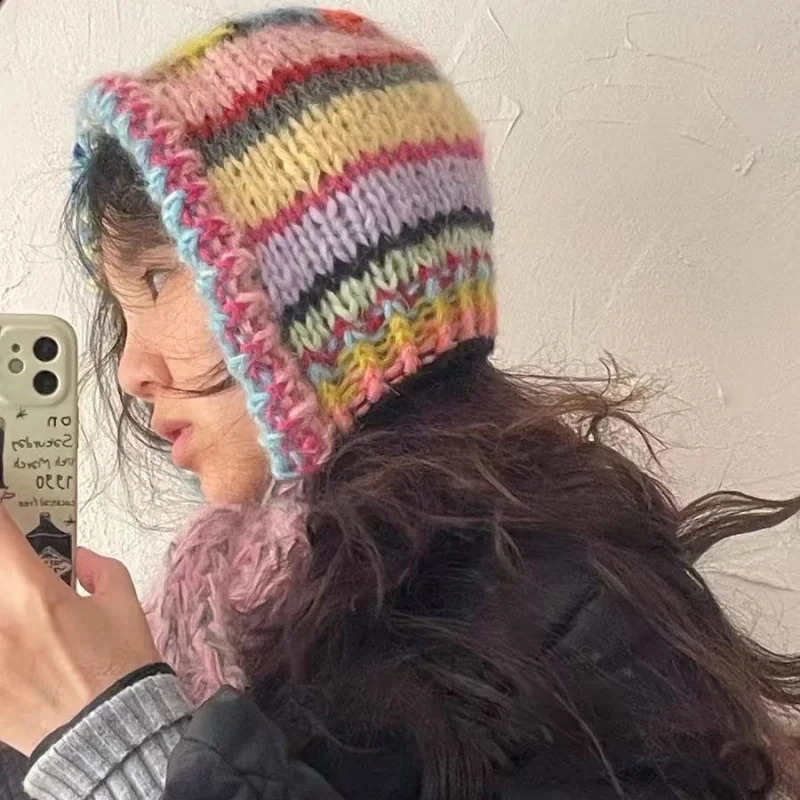 Color Striped Ear Protector Balaclava Hat Winter Hand Crocheted Contrast Color Neck Tie Pullover Beanies Cap for Women 250818