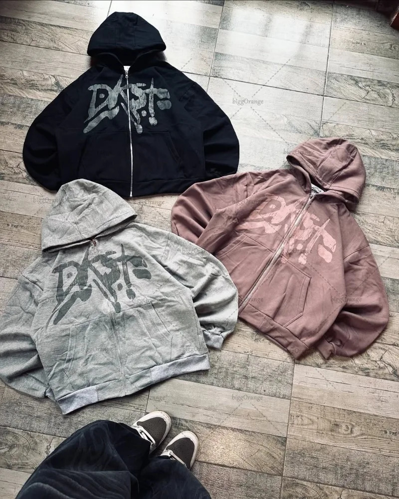 American Retro Cartoon Letters Fashionable Loose Men Suit Street Hip Hop Harajuku Y2K Casual Punk Oversized Zipper Hoodie 250822