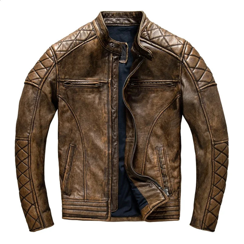 Vintage Men Leather Jacket Yellow Brown Thick 100% Genuine Cowhide Biker Slim Fit Motorcycle Coat Spring ASIAN SIZE 250822