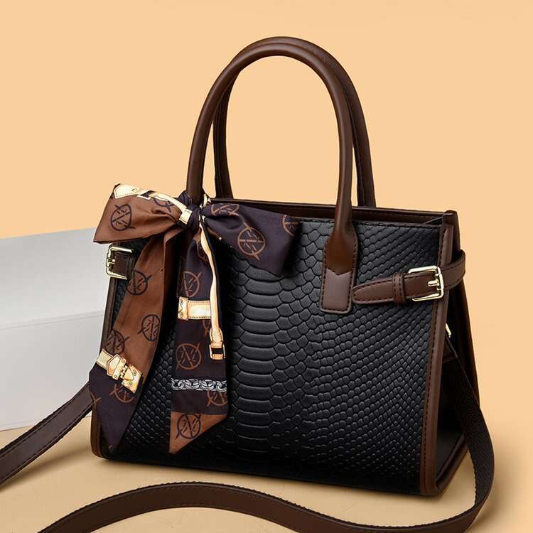2025 New Commuter Elegant Genuine Leather Embossed Snake Skin Pattern Color-Block Briefcase Women's Scarf Gift Mom Bag