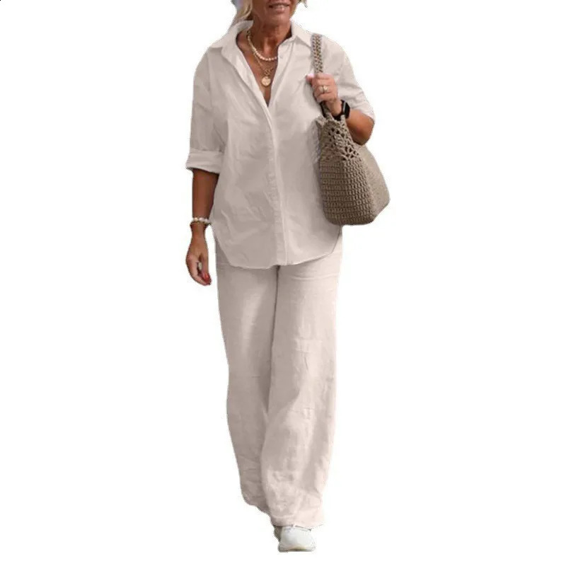 Femmes Pantalon en lin en coton Sets 2 pièces Bouton décontracté Shirts de chemisier à manches longue