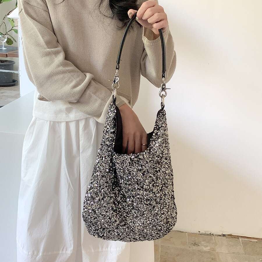 New Single Shoulder For Women, Commuting Style Tote Bag, Large Capacity, Casual Fashionable Elegant Sequin Bag B5