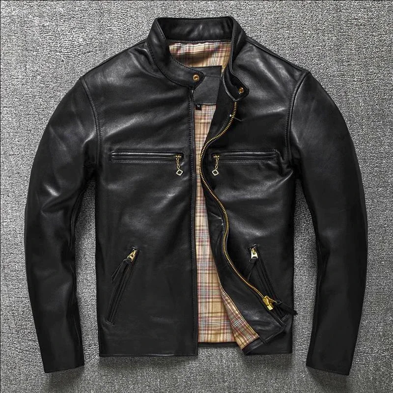 Veste de moto en cuir pour hommes printemps Vestes authentiques Men de mouton Coffre court pour le motard plus taille