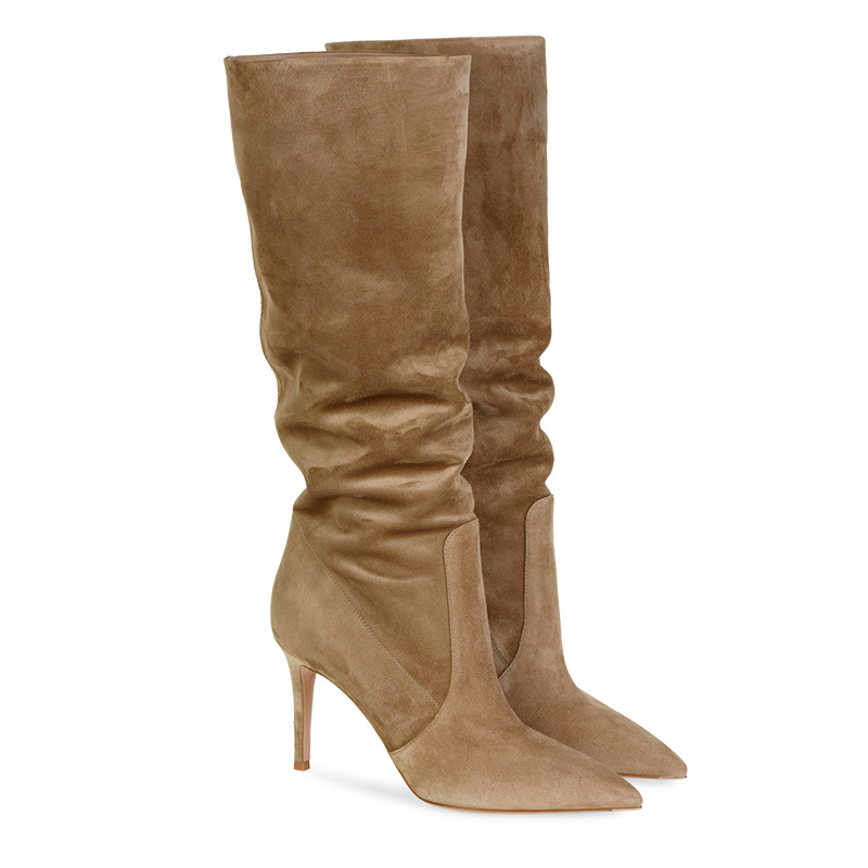 Luxurys Designer Femmes Habille Chaussures Brown Suede en cuir bordeux en cuir bordeaux Slip de tube sur les bottes hautes Femmes Femmes pointues
