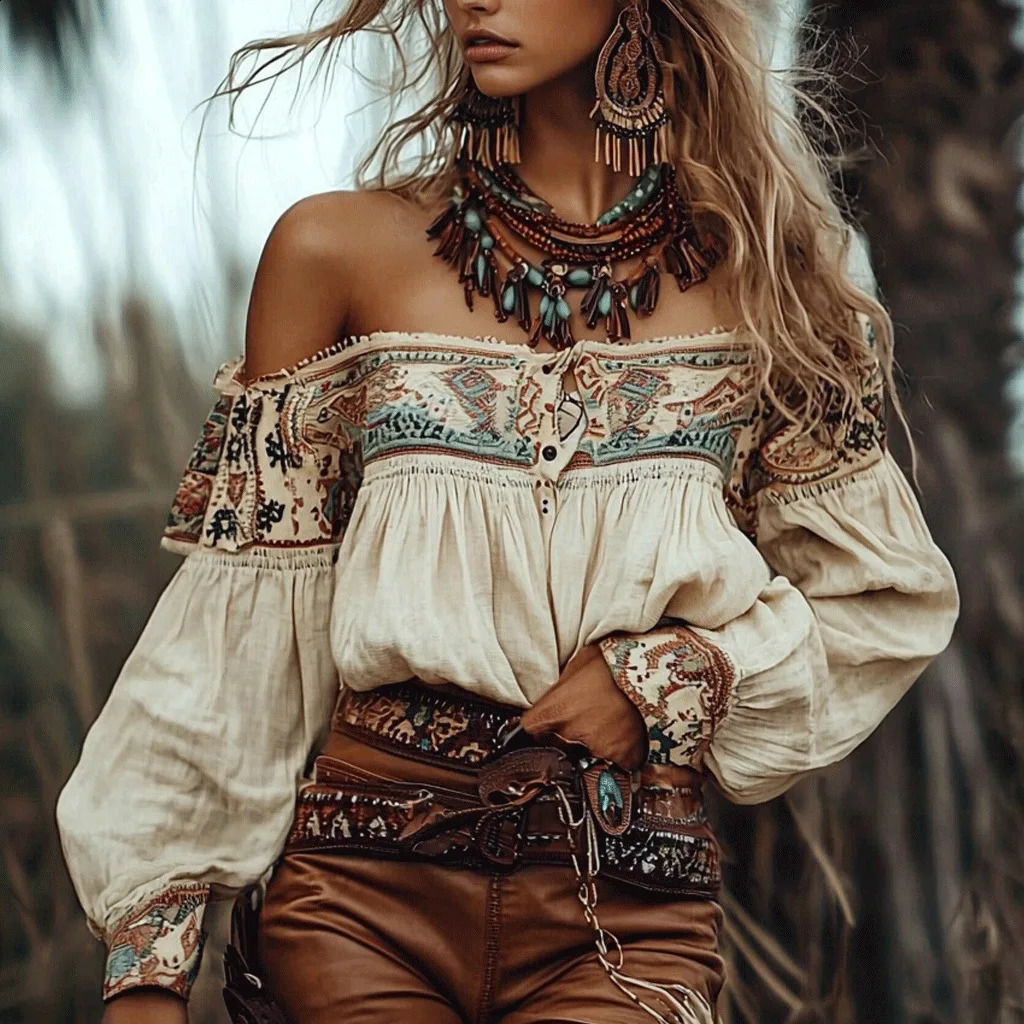 Chic Bohemian Off Blouse à l'épaule avec des manches de lanterne imprimées de style ethnique Shirts à poitrine simple pour l'automne d'été Tops 2