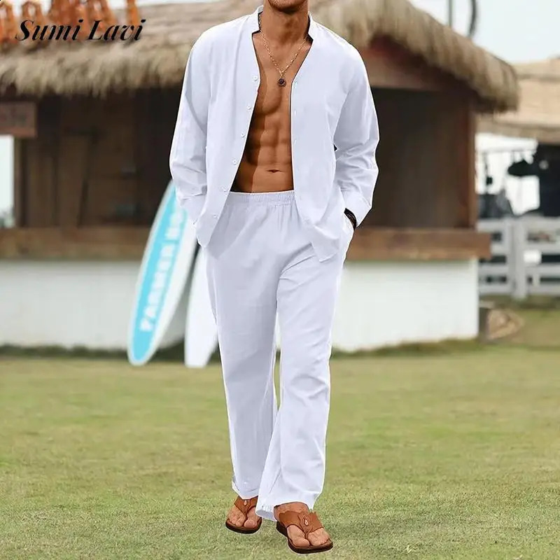 2024 Autumn Mens Linen Outfits Casual Solid Color Long Sleeve Shirts And Pants Two Piece Suits For Men Fashionable Loose Sets250822