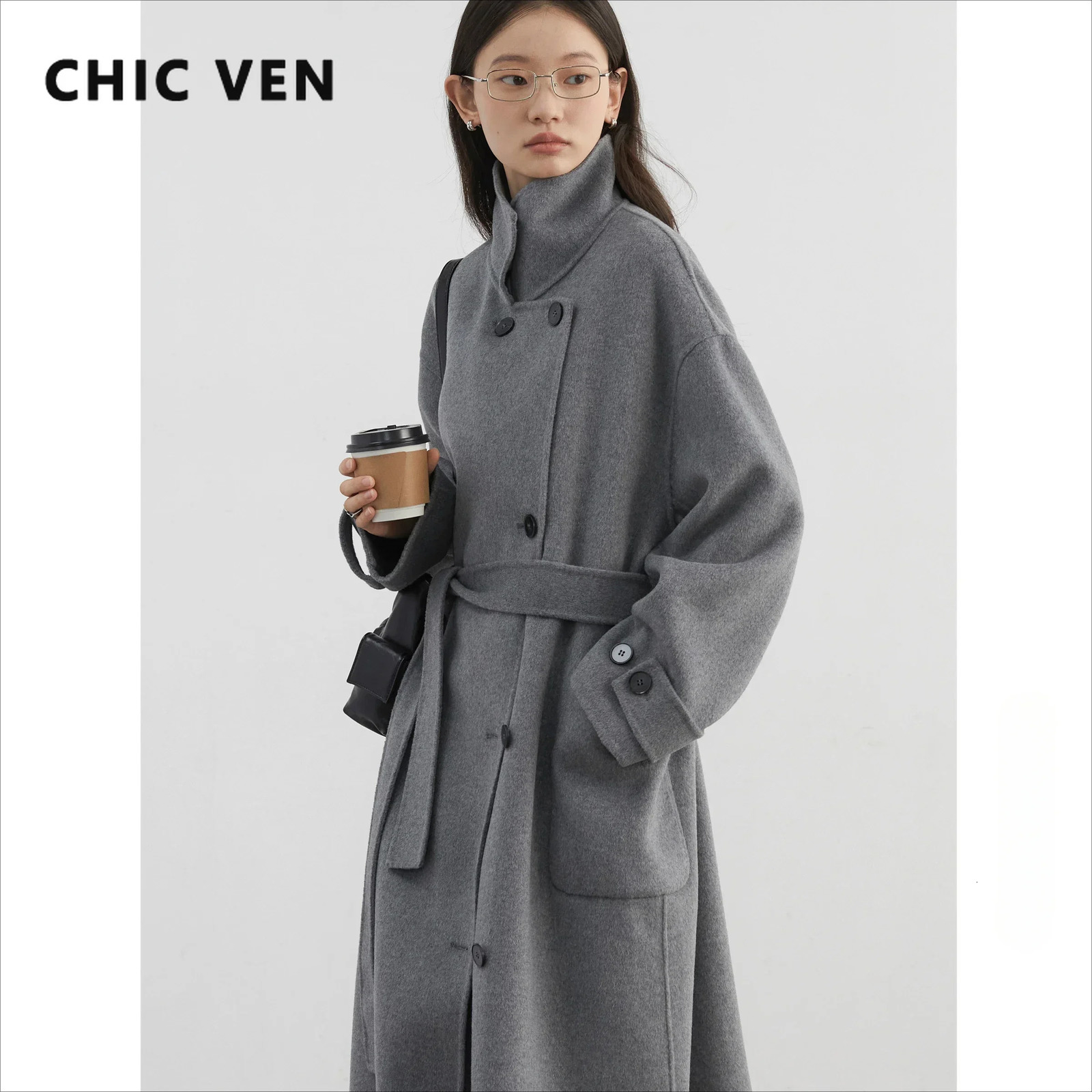 CHIC VEN Korean Women Woolen Coat Single Breasted Loose Solid Long Doublesided Female Overcoat with Belt Autumn Winter 250822