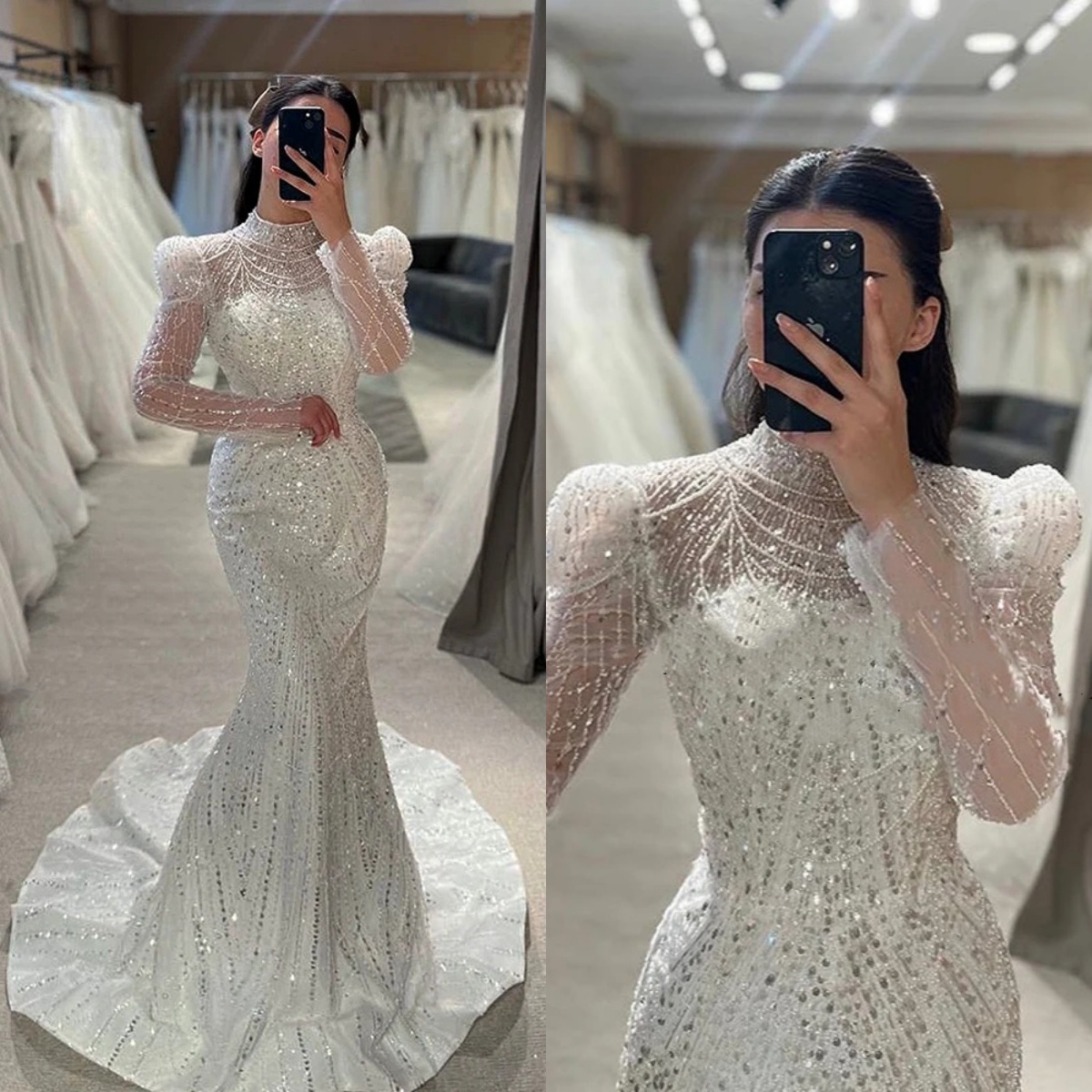 Sparkly Mermaid Wedding Dress High Neck Long Sleeves Bridal Gowns Sequins Beaded Lace Sweep Train Dresses Custom Made vestidos de novia