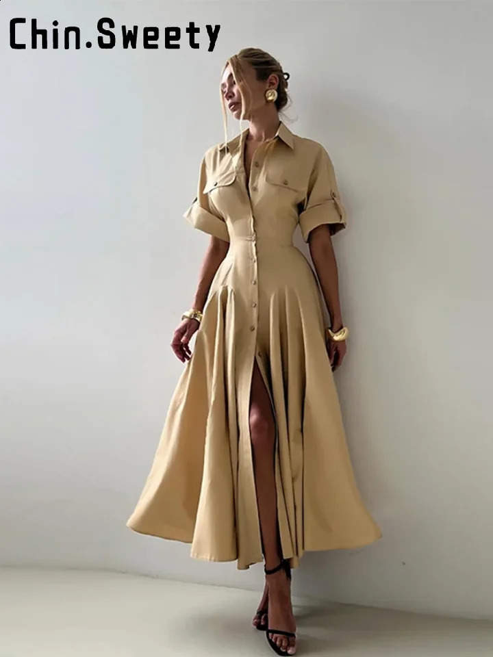 Elegant Single Breasted Khaki Long Dress Women Lapel Short Sleeve Pleat Slim Waist A-line Dresses Summer Autumn Lady Robes 250822